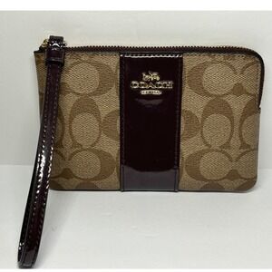 Coach Wristlet Wallet Brown Signature Jacquard Leather Gold Zip Purse